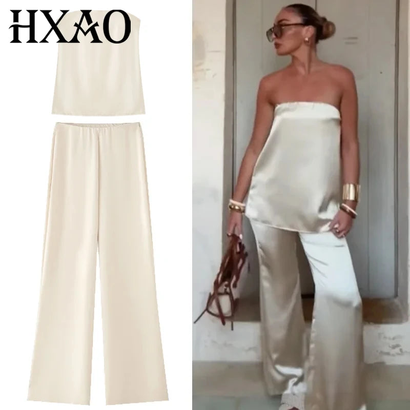 HXAO Satin Pant Sets Women's Two Pieces Set Strapless Off Shoulder