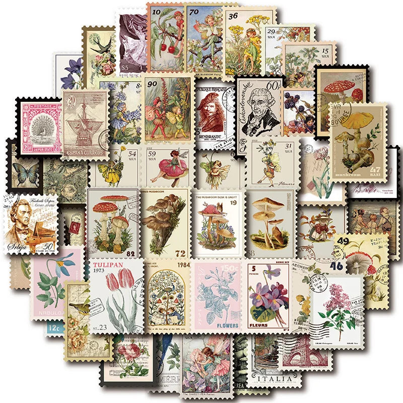 All Different Vintage Postage Stamp Stickers Set 10 20 50 Pieces Not Real Stamps For Crafts