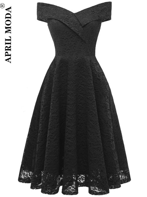 Women Vintage Lace Dress Formal Red Black Green Slash Neck Tulle Midi