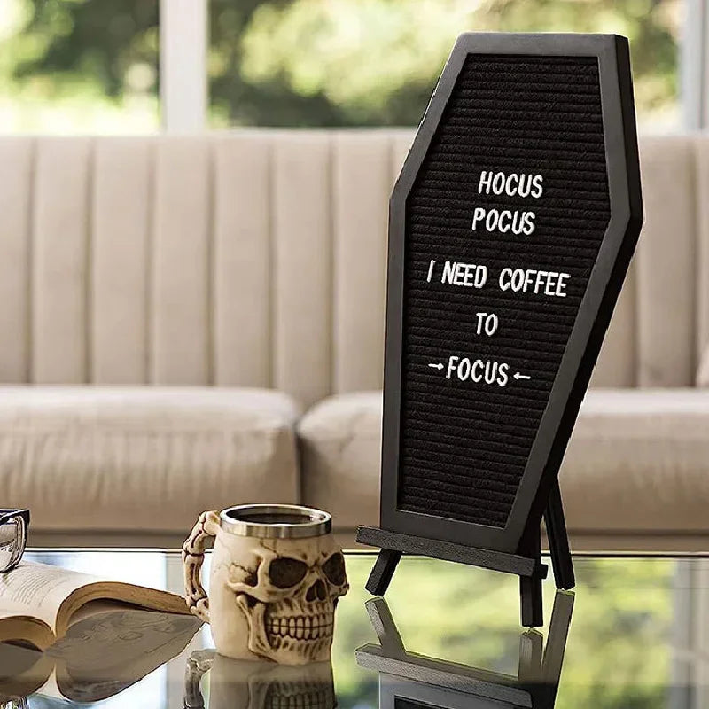 Coffin Letter Board 40x28cm Black With Spooky Wooden Stand Gothic Home Decor For Halloween Fans