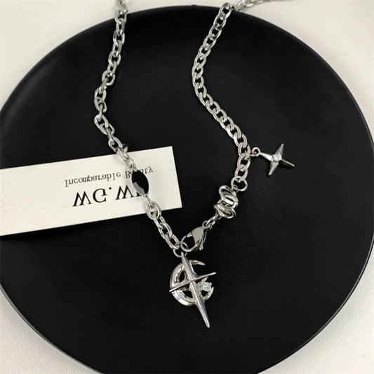 JWER New Y2K Cuban Figaro Chain Star Moon Pendant Necklace Men Punk