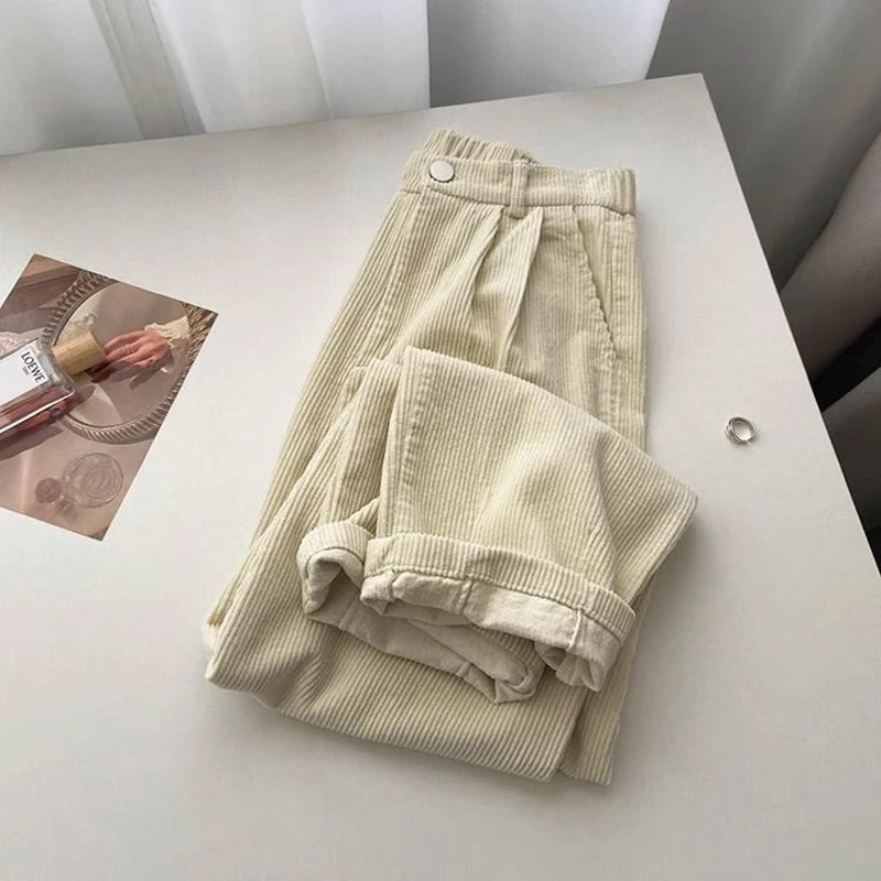 Retro High Waist Corduroy Pants Women Spring Fall Straight Causal Full