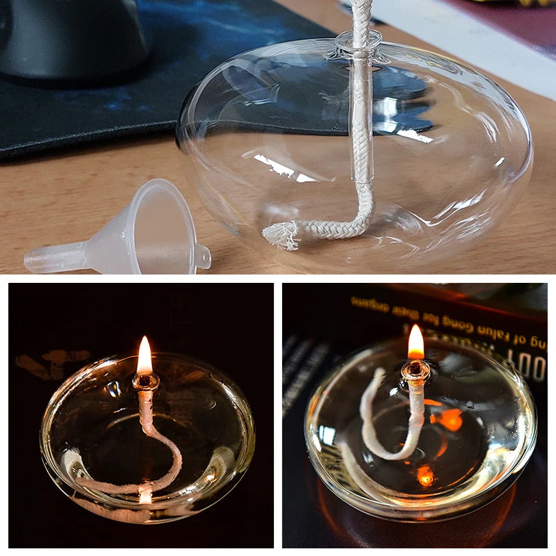 Handmade Oblate Transparent Glass Candlestick Oil Lamp with Wick