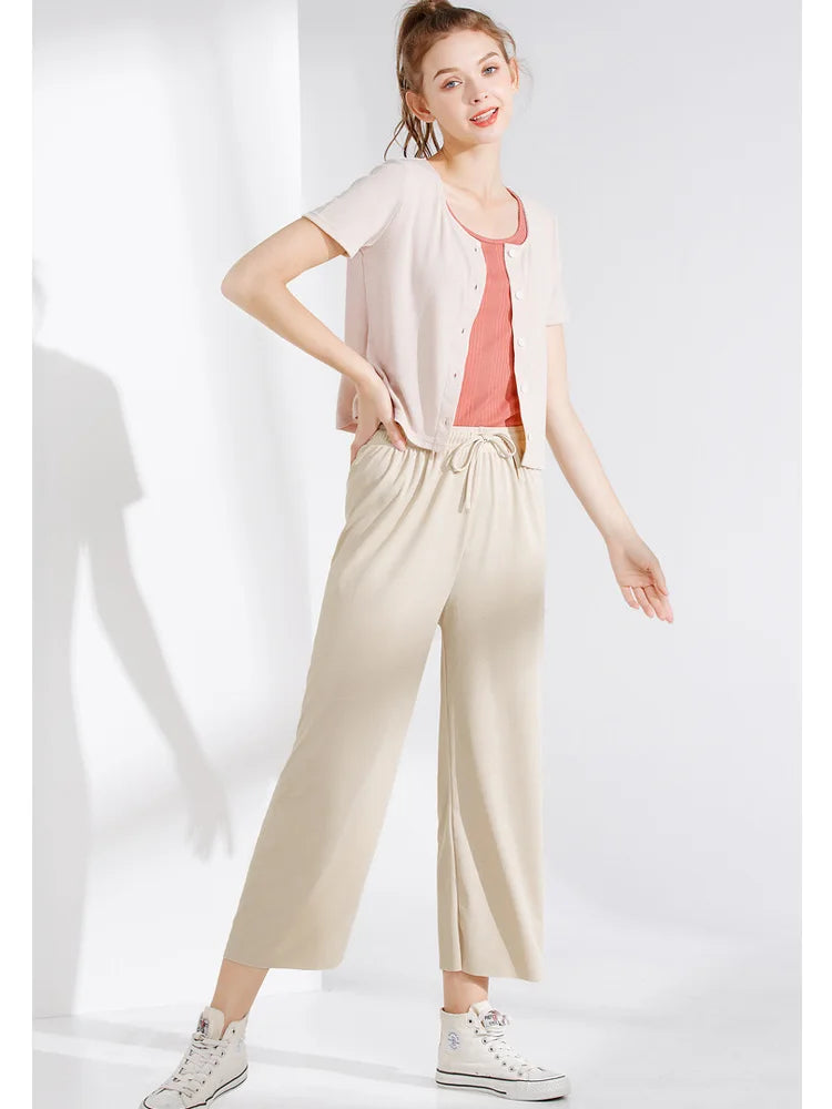 Women Ankle-Length Wide Leg Pants Casual Summer Solid Elastic Waist