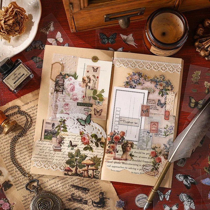 100 Pieces Large Box Stickers Vintage Butterfly Flowers Plant Decorative for Crafts and Scrapbooking