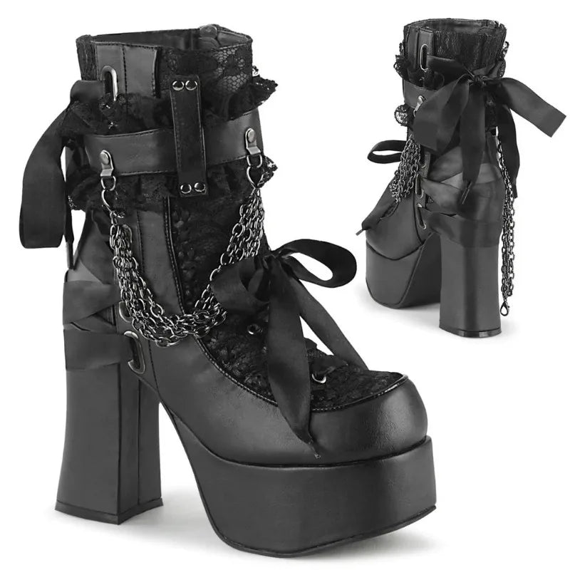 Gothic Style Chain Lace Up Bow Women Short Boots Retro Round Toe