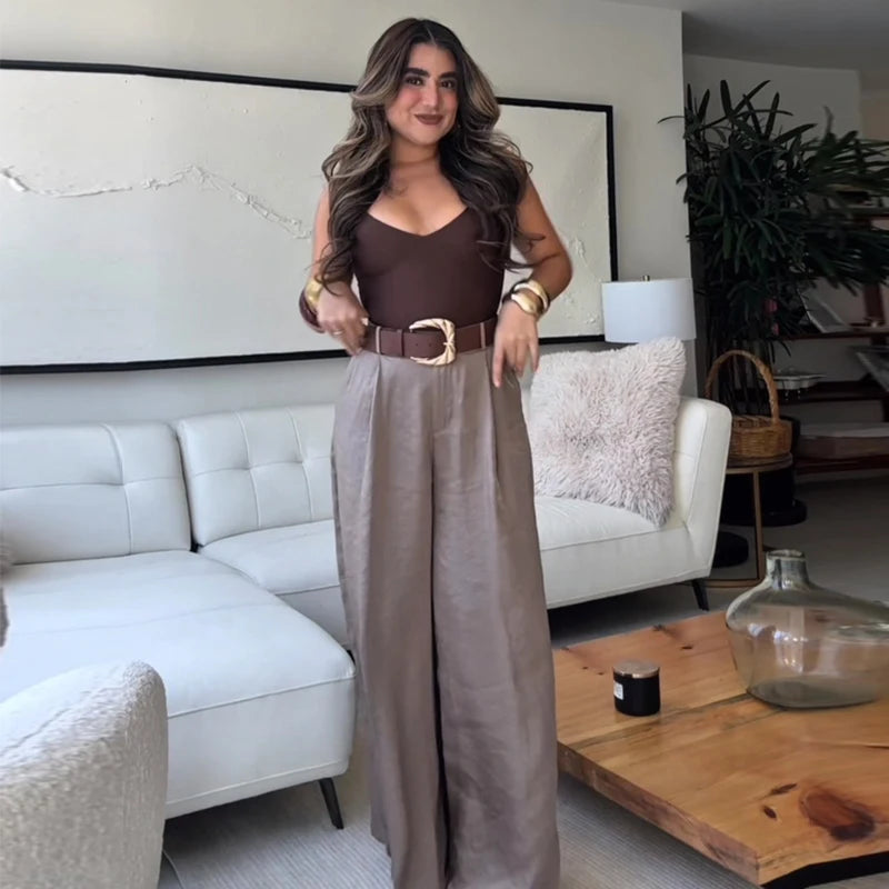 HXAO Women's Pants High Waist Wide Leg Pants with Belt Satin Long