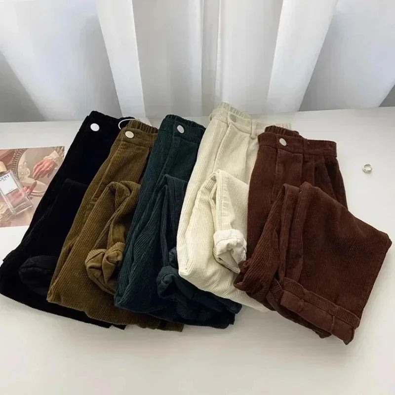 Retro High Waist Corduroy Pants Women Spring Fall Straight Causal Full
