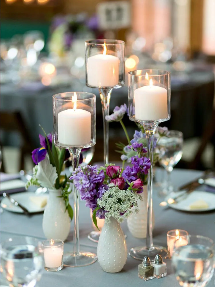 Set Of 3 Modern Light Luxury Glass Candle Holders With High Foot Design For Wedding Decor