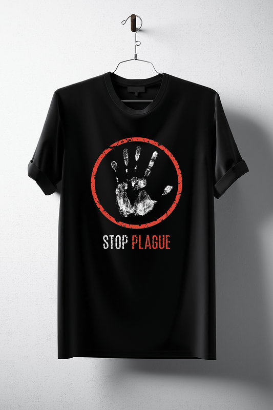 Black t-shirt with handprint design and 'Stop Plague' text on a white background
