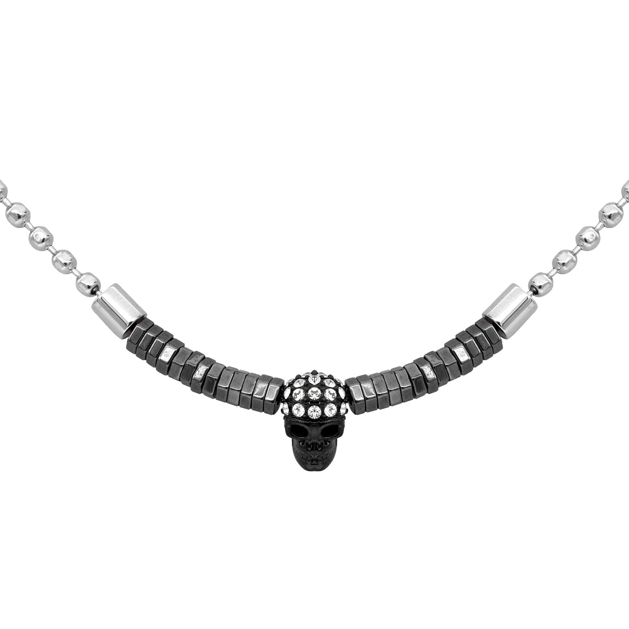 Steel Ball  Black skull with Black hematite beads Necklace