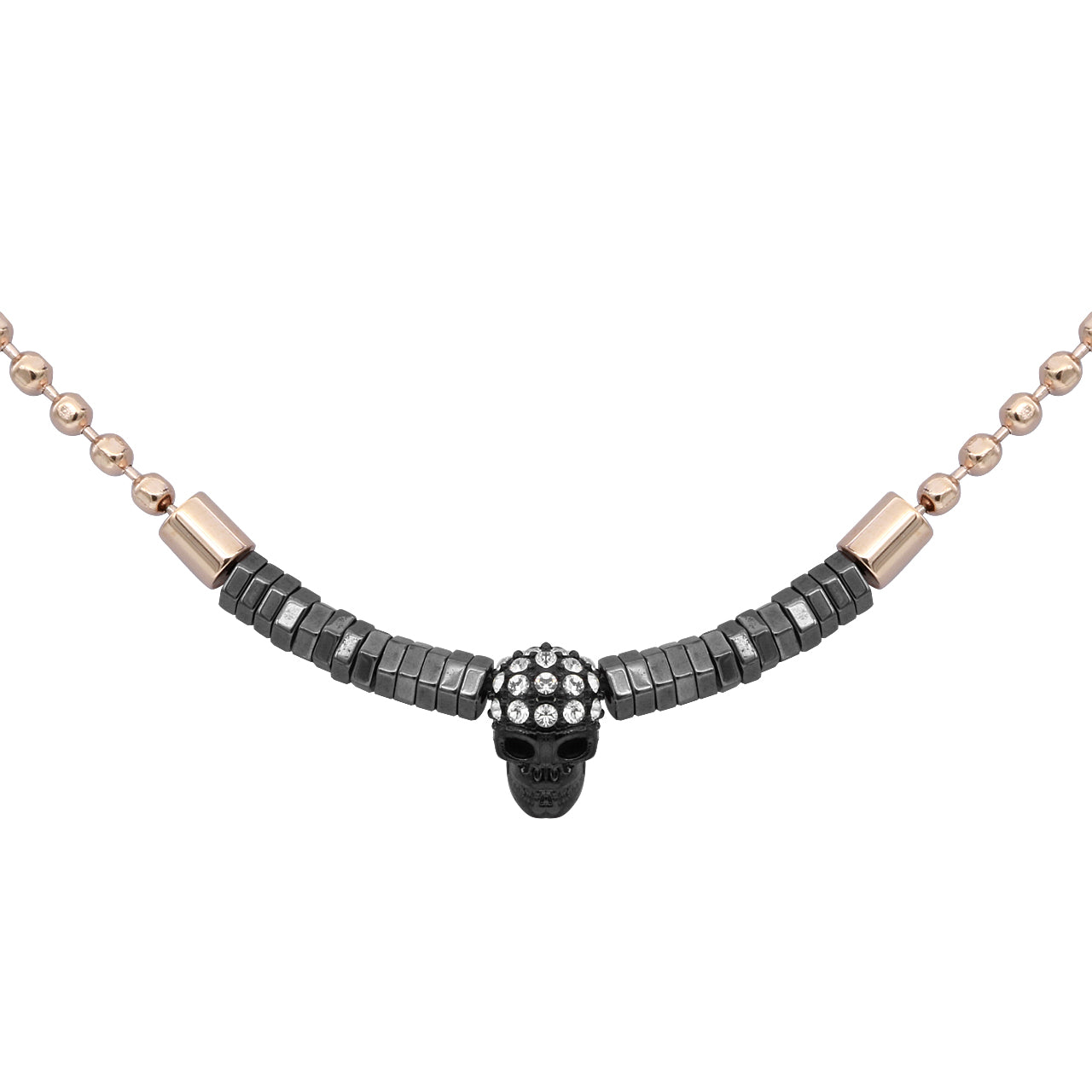 Rose Gold Plated Ball chain  Black skull with Black hematite beads
