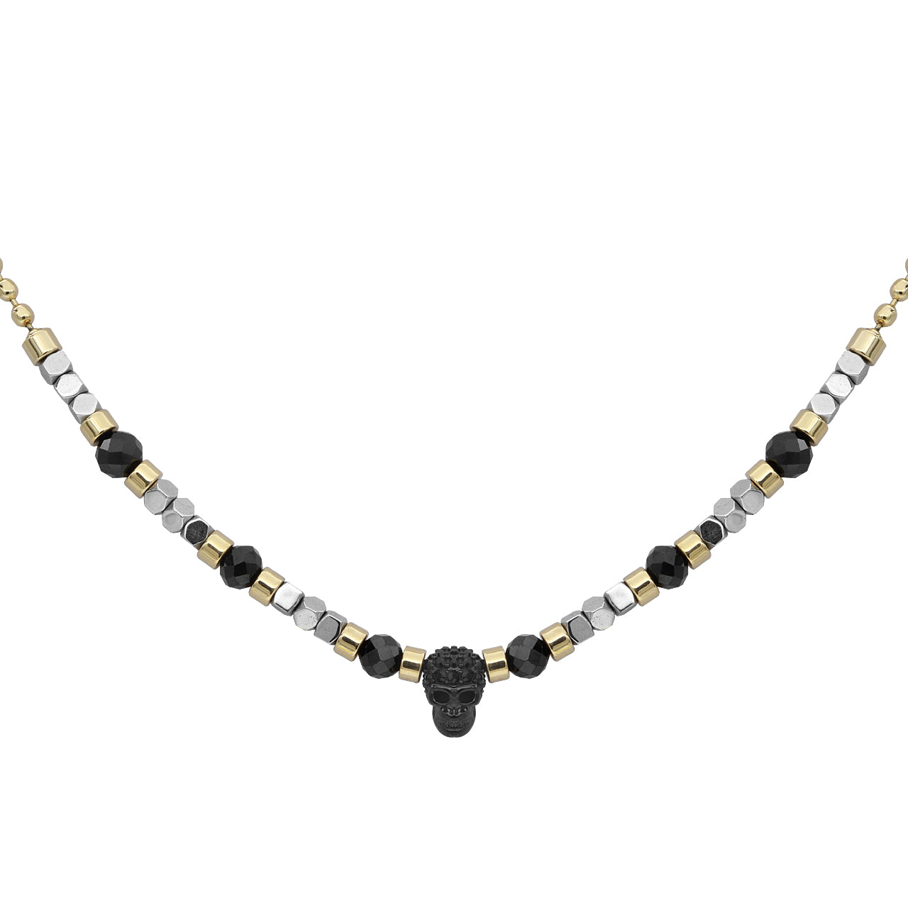 Black Spinel beads with Silver color hematite beads skull necklace -