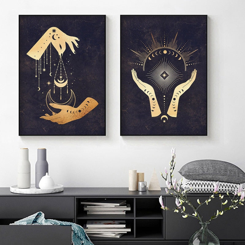 Witchy Wall Decoration Canvas Painting Sun And Moon Celestial Posters