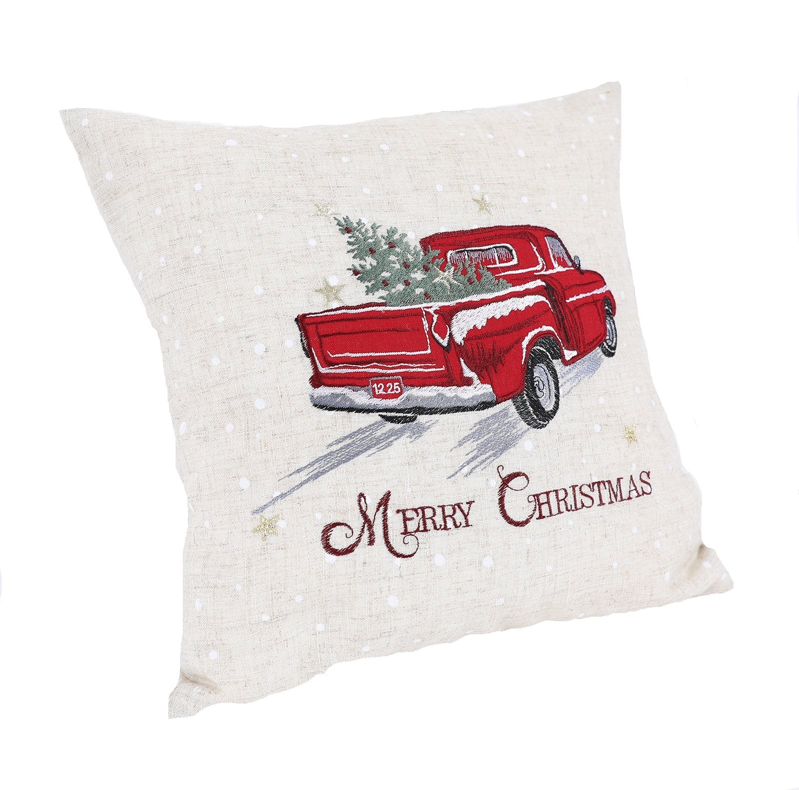 XD19812-Merry Christmas Truck Embroidered Pillow 14 by 14-Inch
