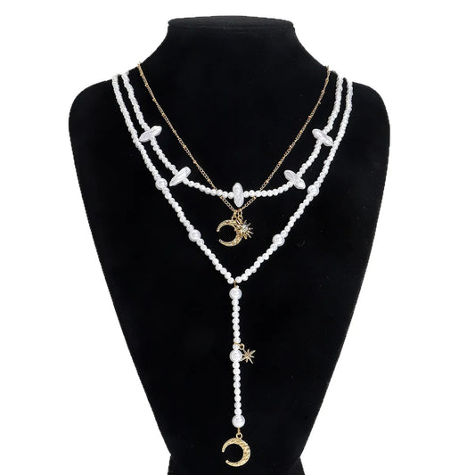 ZAA Multilayer Imitation Pearls Moon And Star Pendant Necklaces for Women Elegant Banquet Party Jewelry Gifts