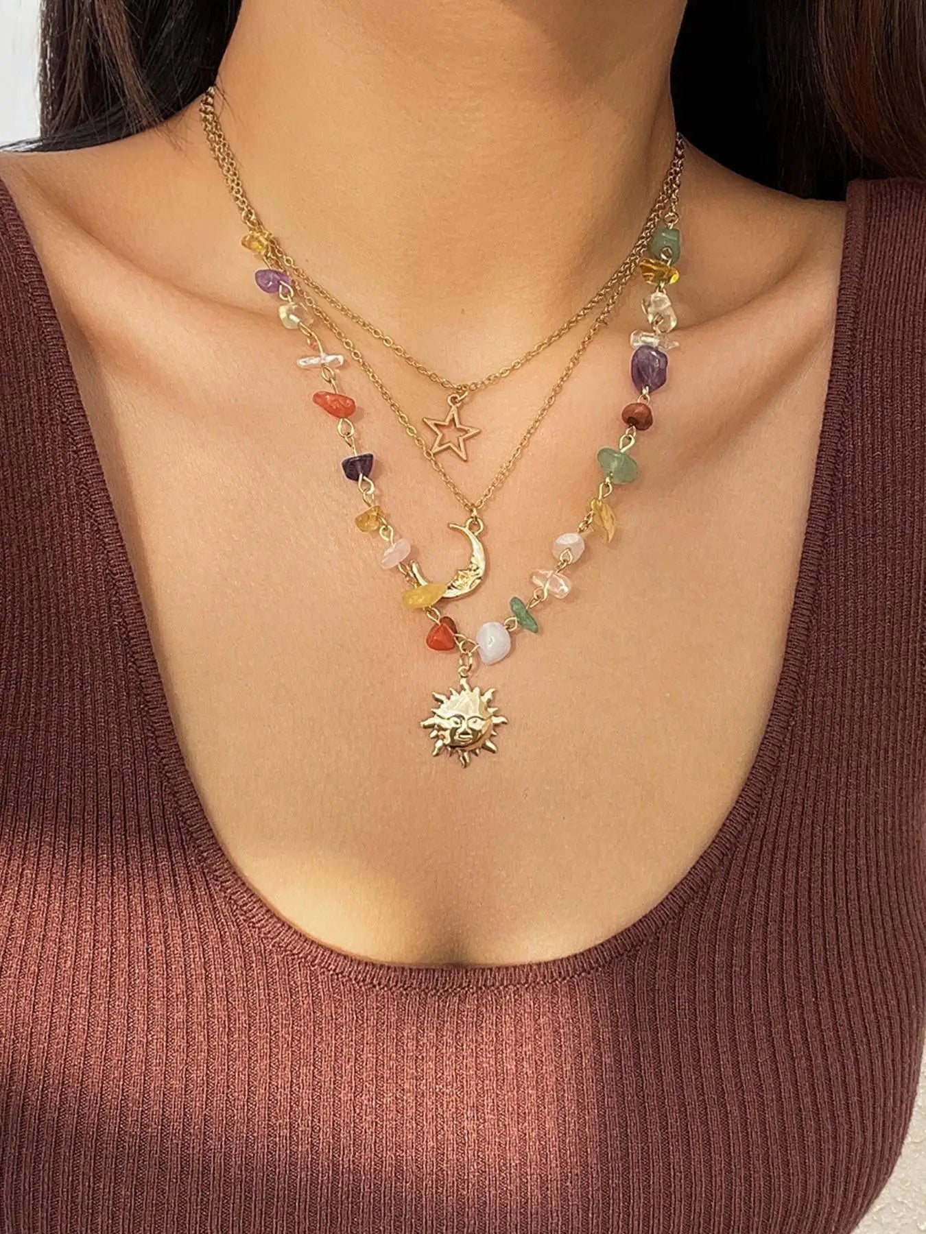 3-piece sun moon zircon layered necklace set Party, Dates, Daily ClothingDecor, Trendy All-match & Exquisite Jewelry for Gift