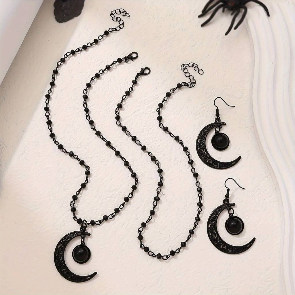 Gothic Punk 4Pcs Necklace Earrings Set Black Hollow Moon Pendant Beaded Design Unique Layered Necklace Perfect for Halloween