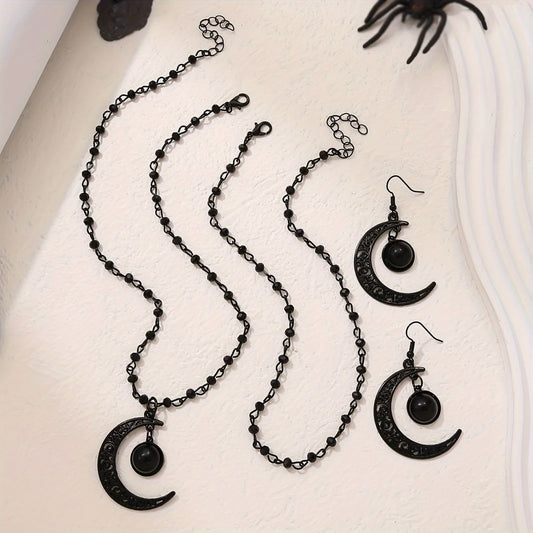 Gothic Punk 4Pcs Necklace Earrings Set Black Hollow Moon Pendant Beaded Design Unique Layered Necklace Perfect for Halloween