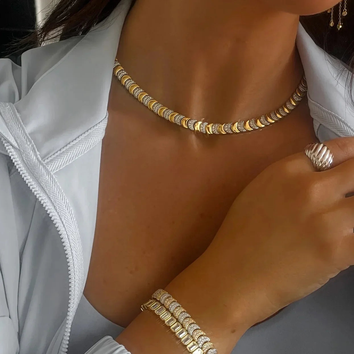 2025 New arrived Gold Color Delicate Bracelet Necklace Set Bling Bling Slippy Moon Link Moon Paved Mini Small CZ Party Jewelry