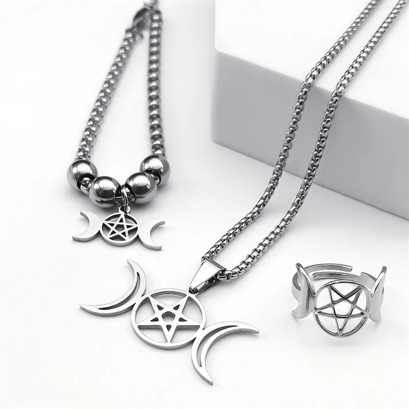 Stainless Steel Jewelry Set Triple Moon Goddess Pentagram Pentacle Necklace Women Men Ring Bracelet Earrings conjuntos de joyas