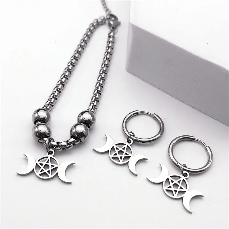 Stainless Steel Jewelry Set Triple Moon Goddess Pentagram Pentacle Necklace Women Men Ring Bracelet Earrings conjuntos de joyas