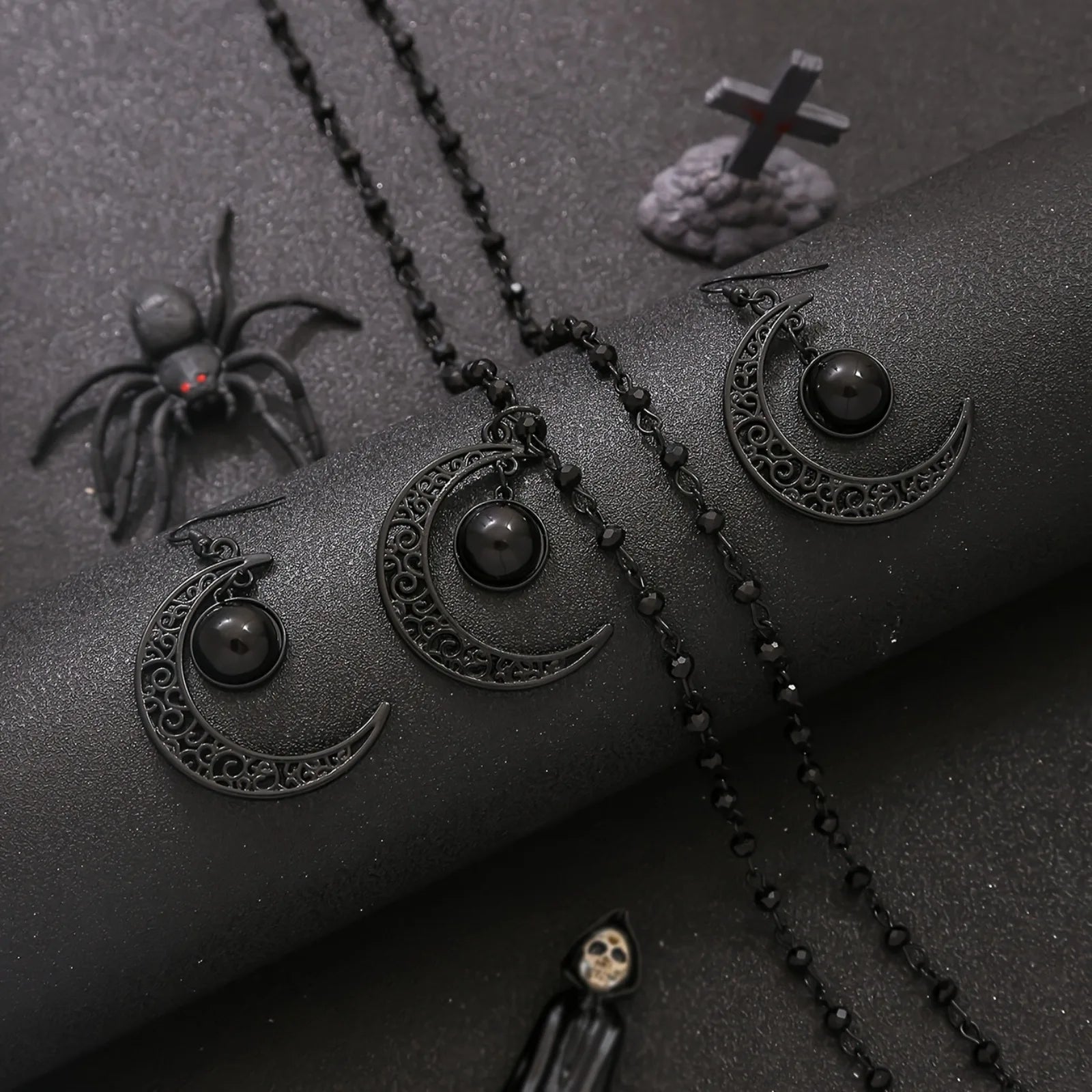 Gothic Punk 4Pcs Necklace Earrings Set Black Hollow Moon Pendant Beaded Design Unique Layered Necklace Perfect for Halloween
