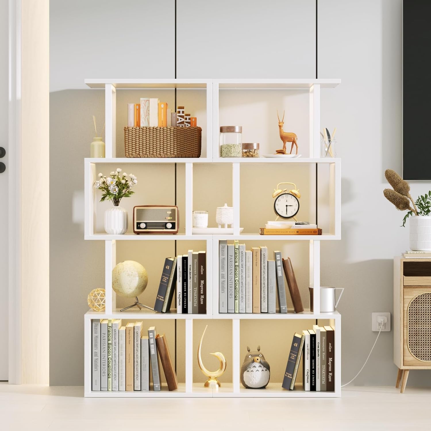 White Geometric Bookshelf with LED Light, 5 Tier S-Shaped Small