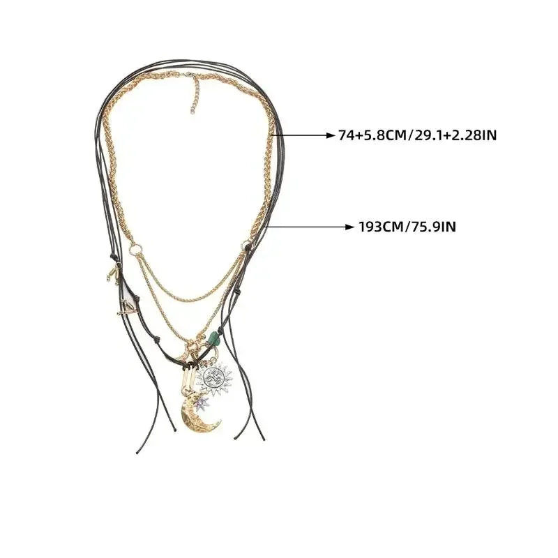 2Pcs/set Sun Moon Hand-woven Multi-layer Long Pendant Necklace For Women Vintage Statement Jewelry Holiday Party Accessories