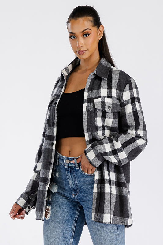 Womens Boyfriend Flannel Shacket Oversized Soft Brushed Fabric Button Closure Chest Pockets 75 Polyester 25 Cotton FL505