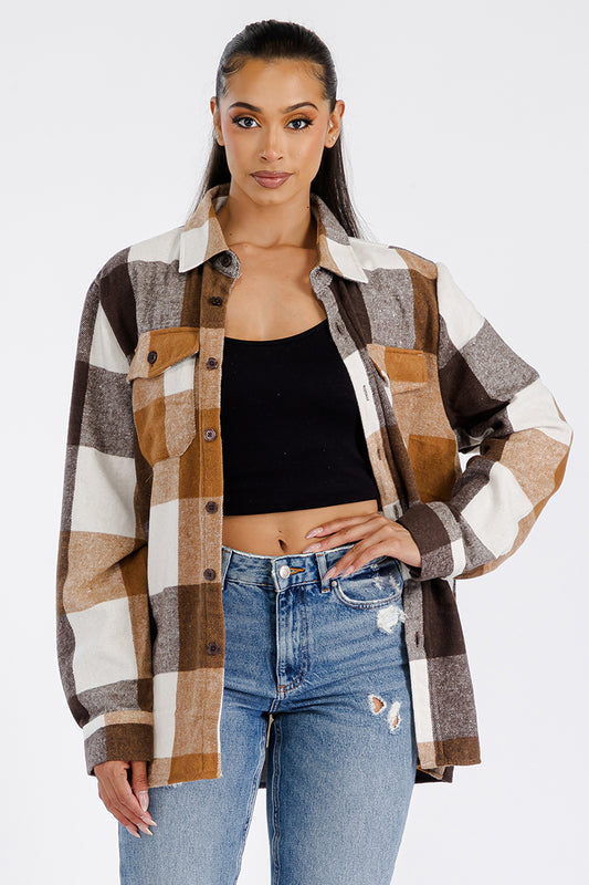 Womens Oversized Flannel Shacket Boyfriend Fit Soft Brushed Fabric 75 Polyester 25 Cotton Button Closure Chest Pockets