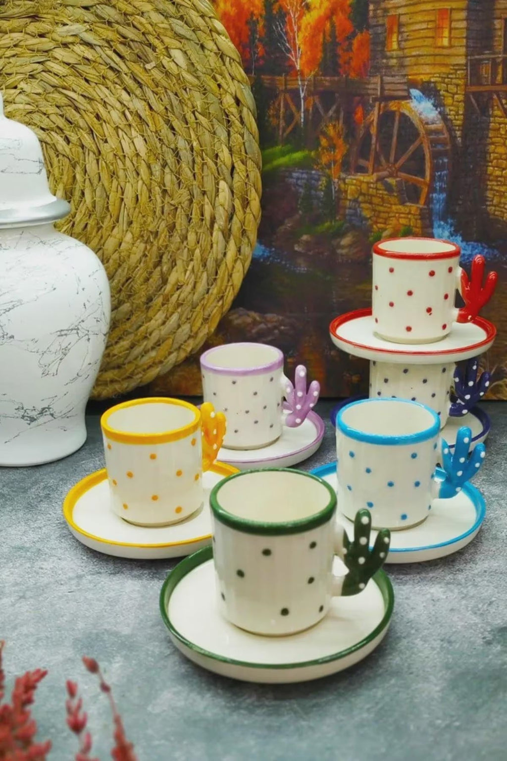 Handmade Cactus Coffee Cup Set for 6 with Boho Cactus Coffee Design