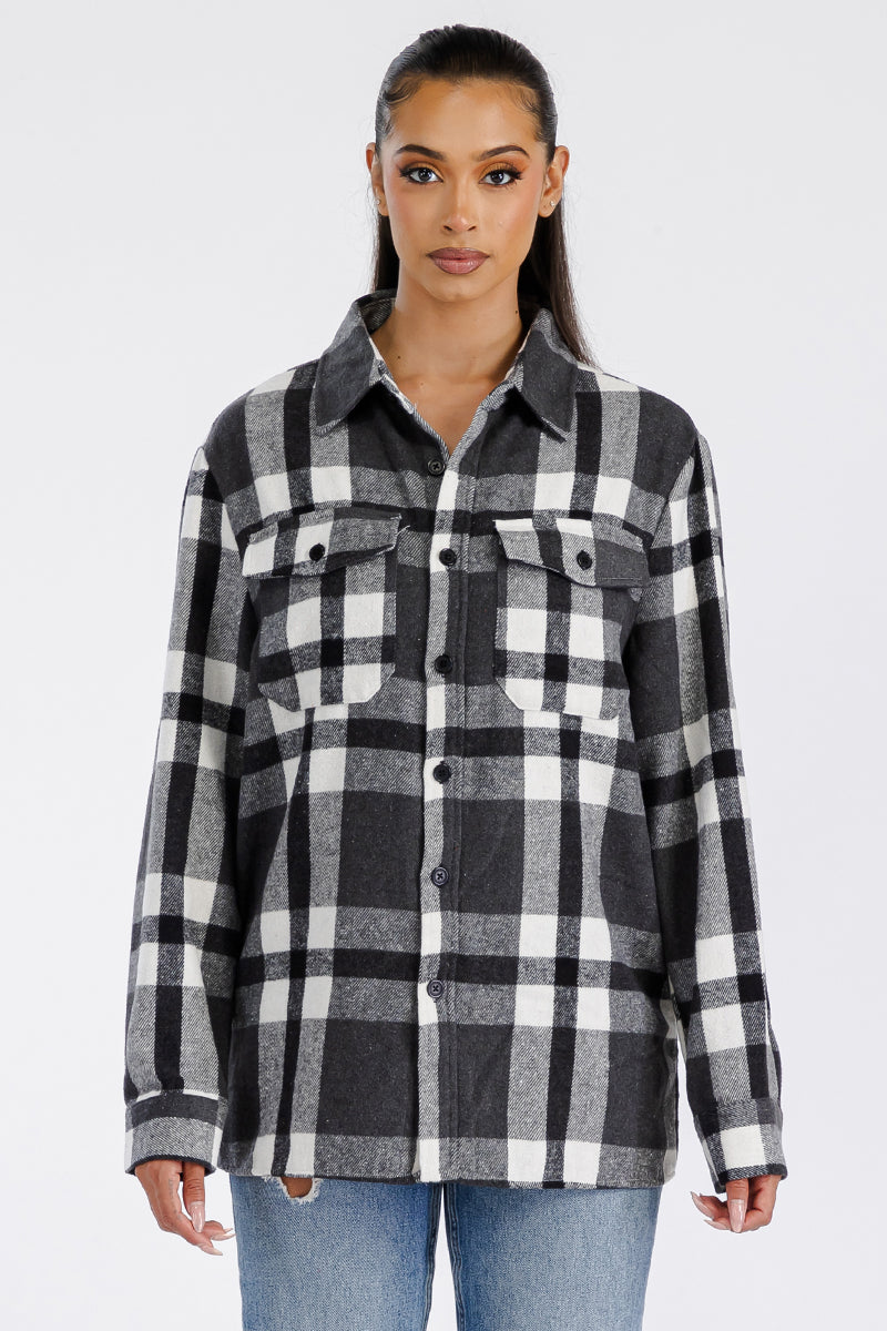 Womens Boyfriend Flannel Shacket Oversized Soft Brushed Fabric Button Closure Chest Pockets 75 Polyester 25 Cotton FL505