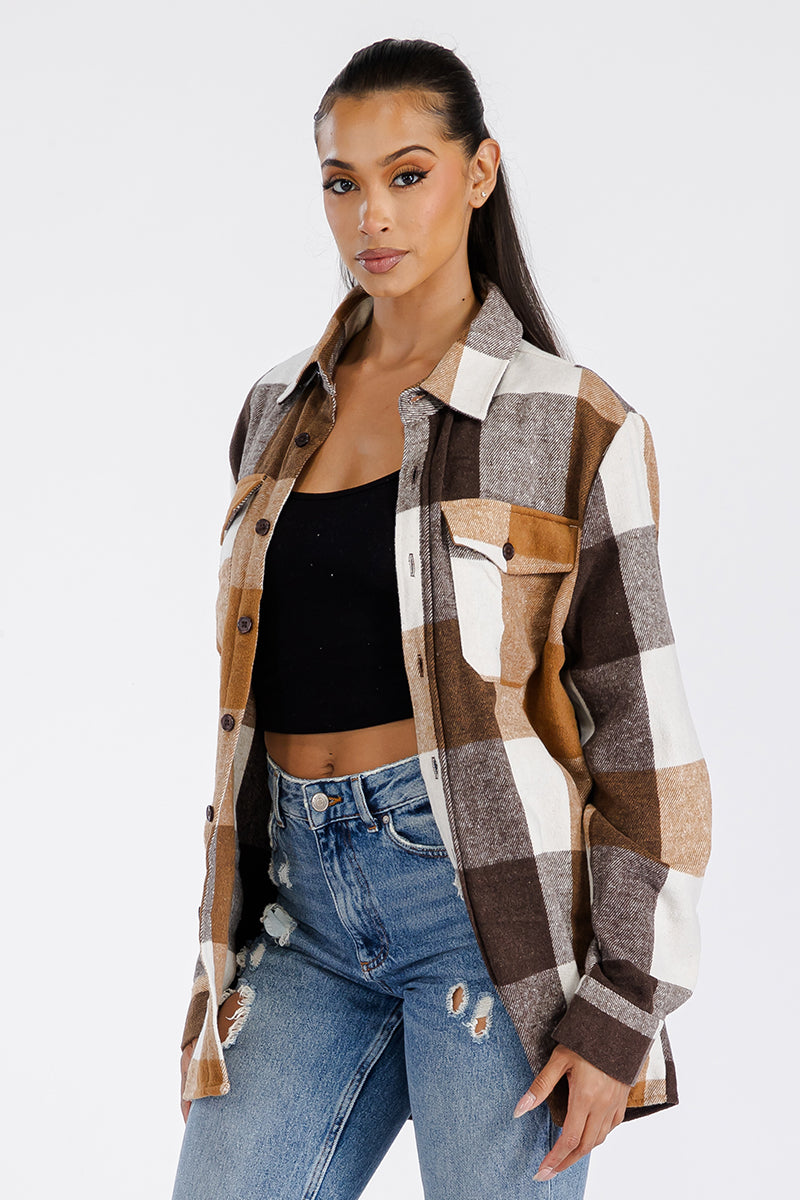 Womens Oversized Flannel Shacket Boyfriend Fit Soft Brushed Fabric 75 Polyester 25 Cotton Button Closure Chest Pockets