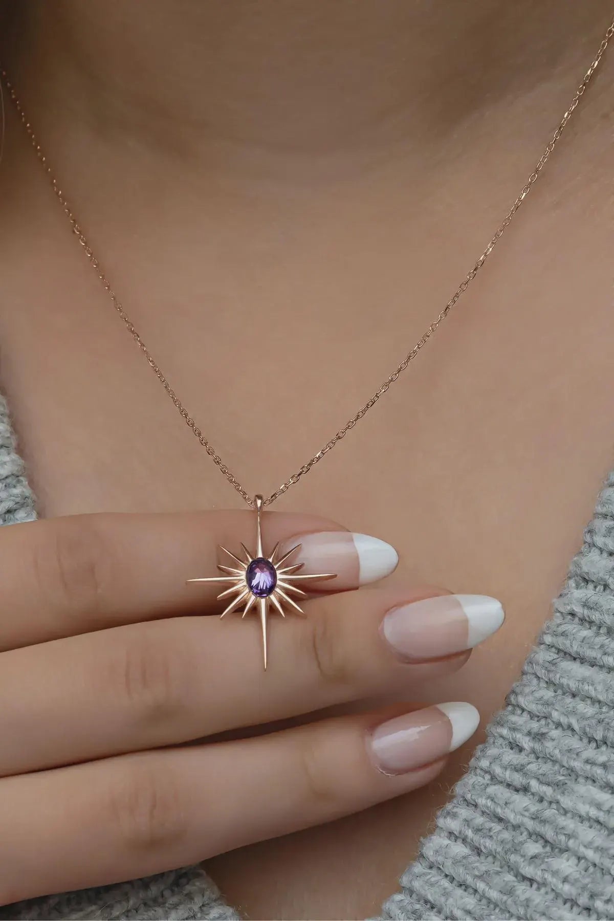 Sterling Silver North Star Necklace Purple Stone Celestial Pendant