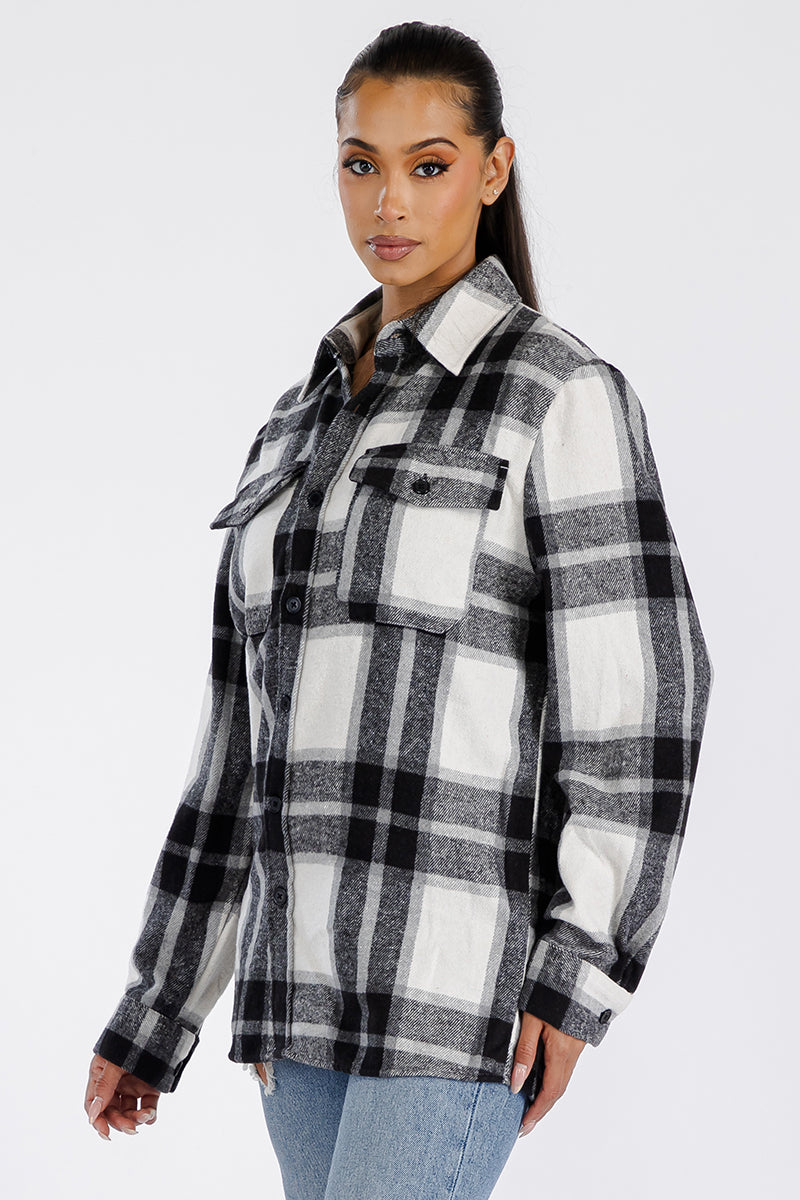 Women's Oversized Flannel Shacket Boyfriend Fit With Button Closure And Chest Pockets Brushed Polyester Cotton Blend
