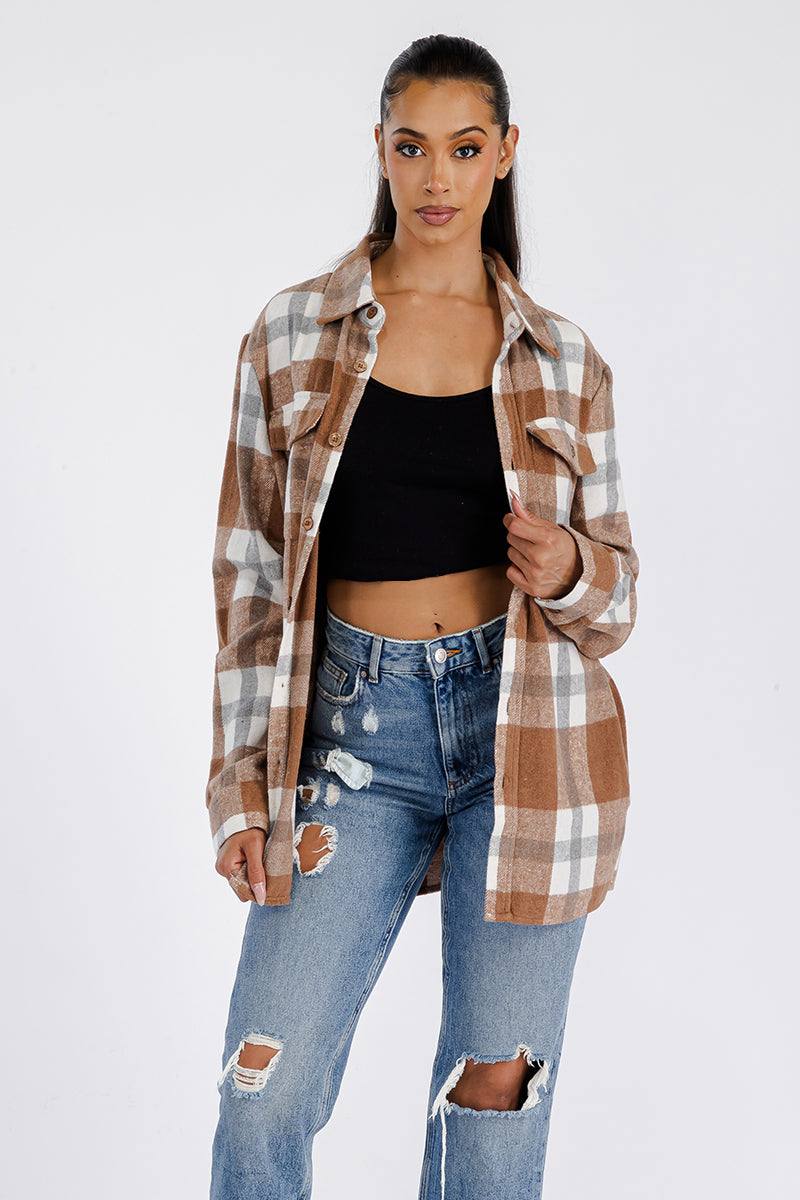 Women's Oversized Flannel Shacket Button Closure Chest Pockets Soft Brushed Fabric 75 Polyester 25 Cotton