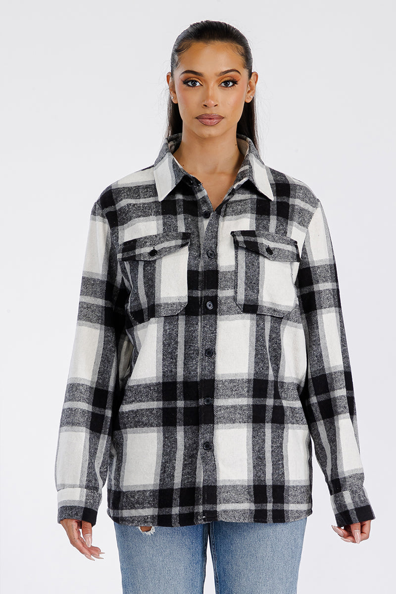 Women's Oversized Flannel Shacket Boyfriend Fit With Button Closure And Chest Pockets Brushed Polyester Cotton Blend