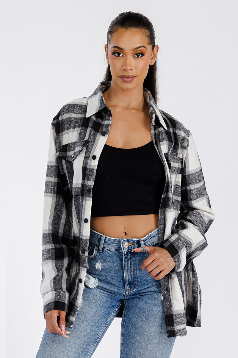 Women's Oversized Flannel Shacket Boyfriend Fit With Button Closure And Chest Pockets Brushed Polyester Cotton Blend