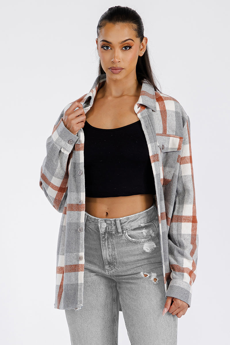 Oversized Boyfriend Flannel Shacket Button Closure And Chest Pockets Soft Brushed Fabric 75 Polyester 25 Cotton FL503