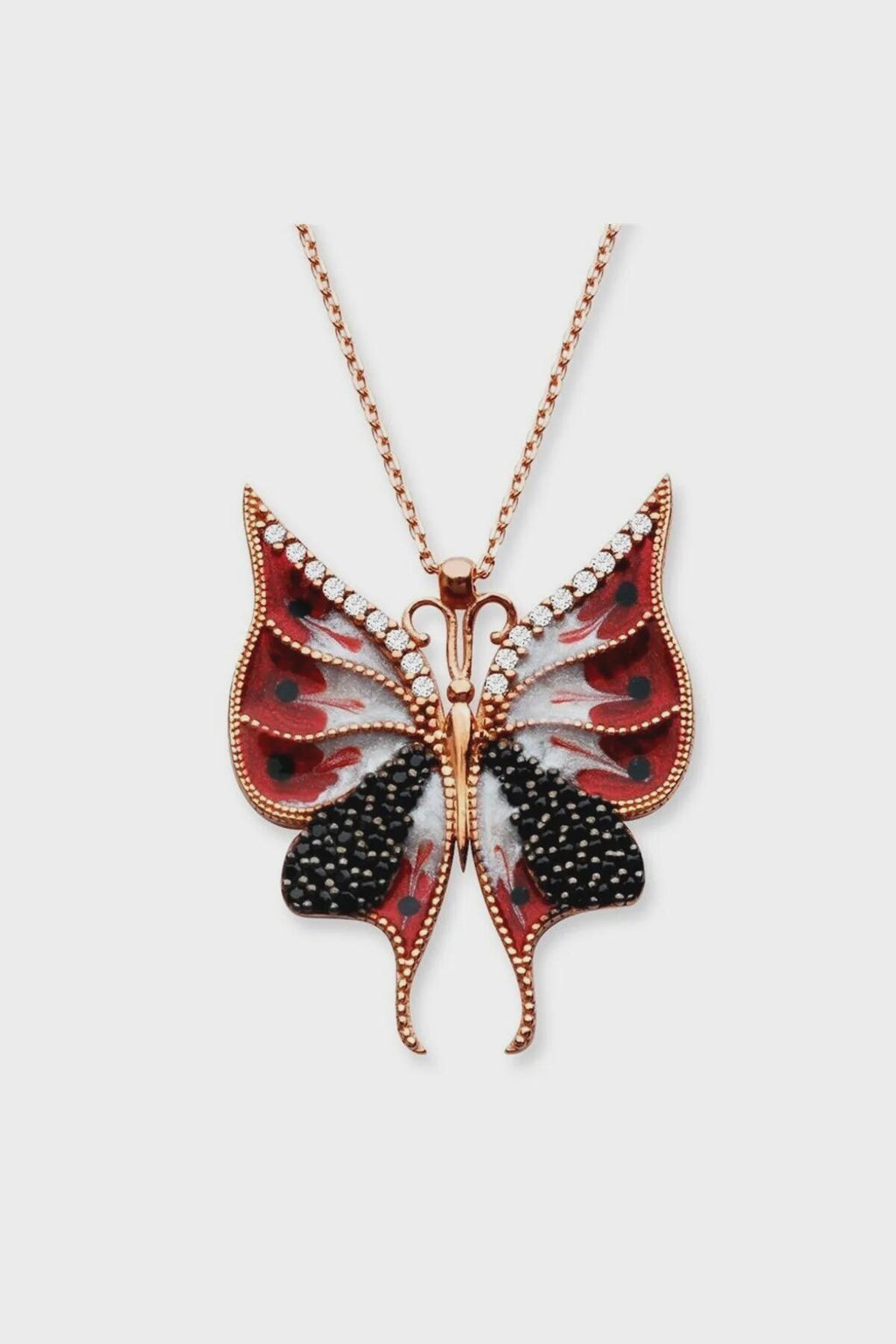 Sterling Silver Red Butterfly Necklace: Rhodium Plated Pendant