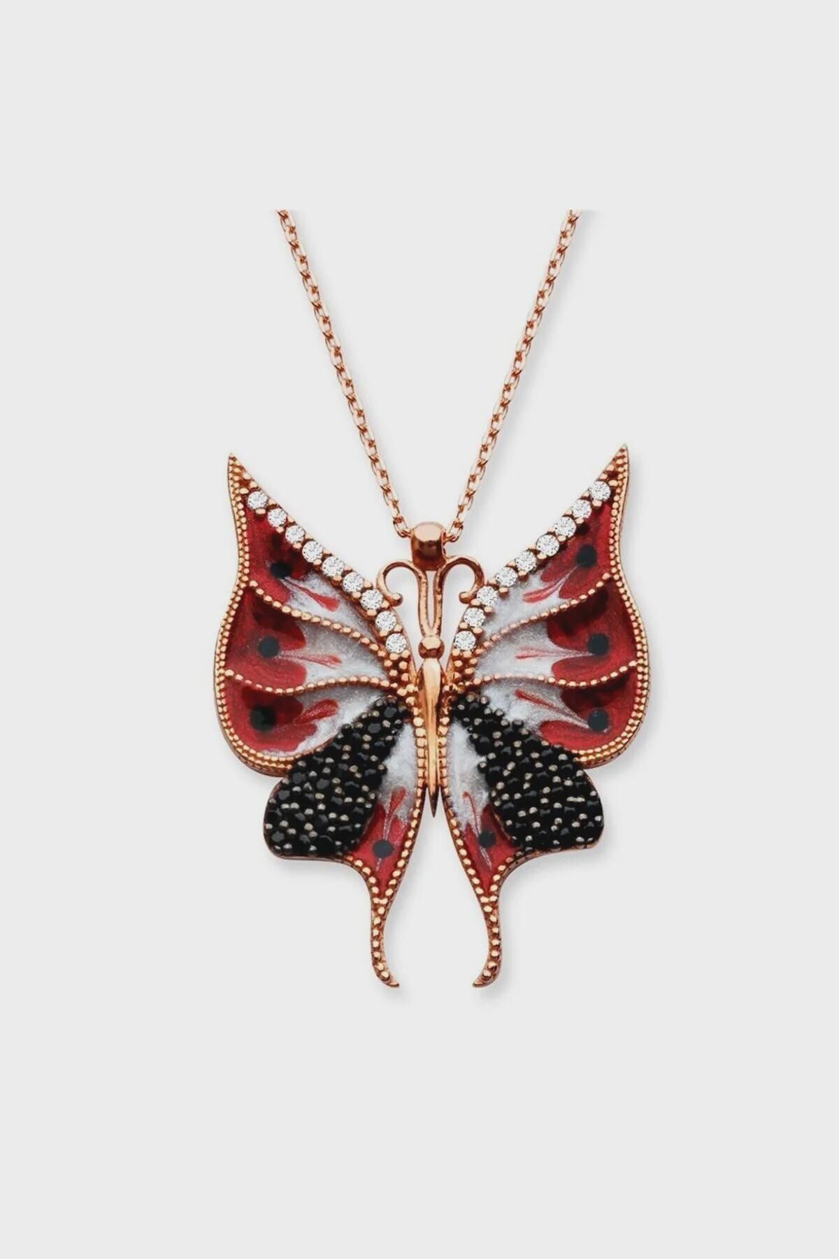 Sterling Silver Red Butterfly Necklace: Rhodium Plated Pendant