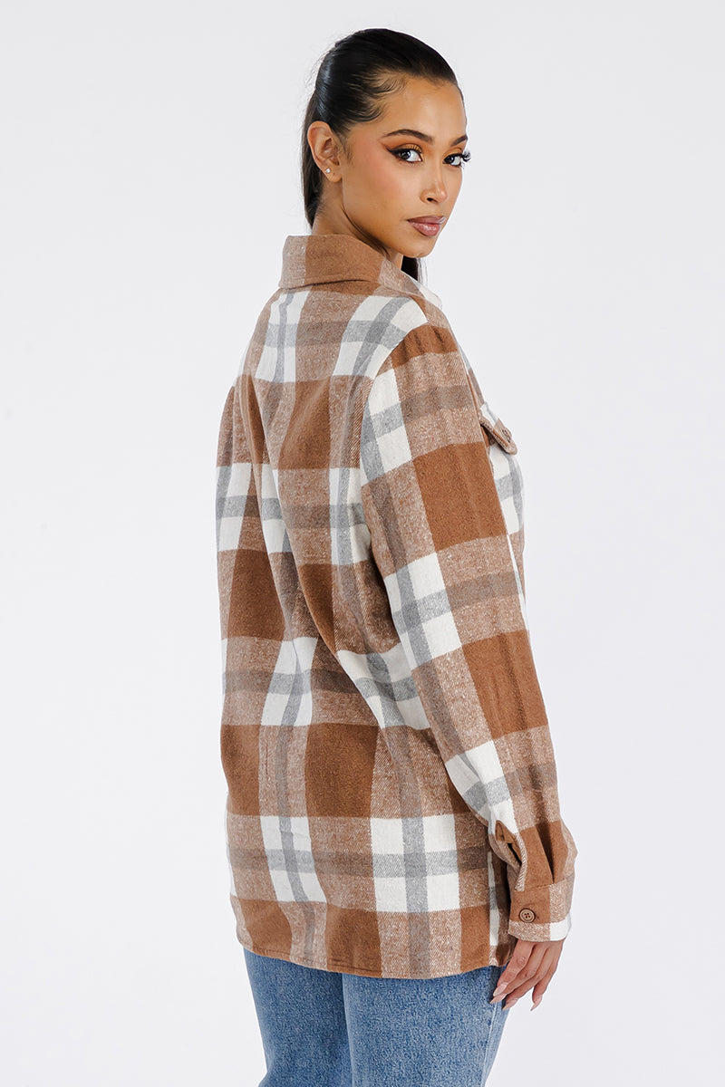 Women's Oversized Flannel Shacket Button Closure Chest Pockets Soft Brushed Fabric 75 Polyester 25 Cotton