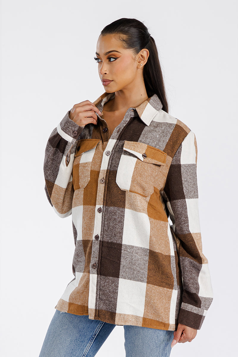 Womens Oversized Flannel Shacket Boyfriend Fit Soft Brushed Fabric 75 Polyester 25 Cotton Button Closure Chest Pockets