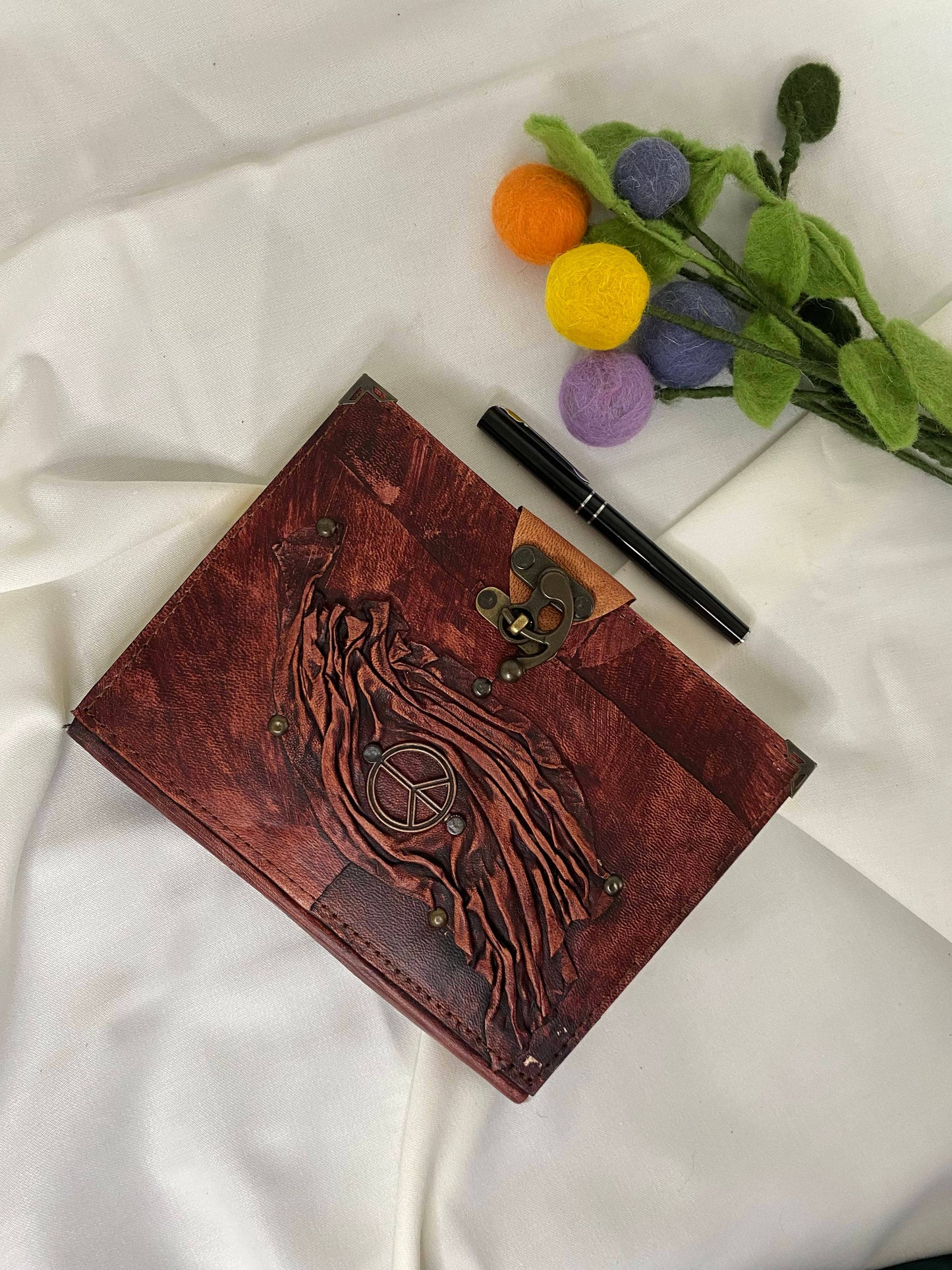 Peace Symbol Design Brick Color Craft Leather Journal Diary Notebook