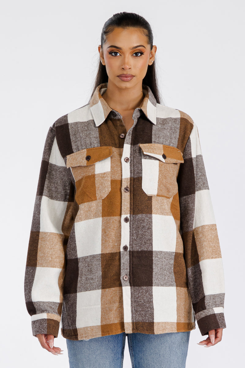 Womens Oversized Flannel Shacket Boyfriend Fit Soft Brushed Fabric 75 Polyester 25 Cotton Button Closure Chest Pockets