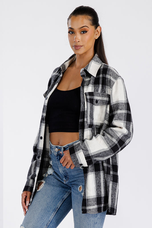 Women's Oversized Flannel Shacket Boyfriend Fit With Button Closure And Chest Pockets Brushed Polyester Cotton Blend