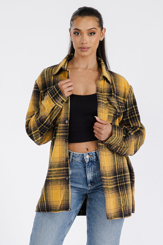 Womens Oversized Flannel Shacket FL503 With Button Closure Chest Pockets Soft Brushed Fabric 75 Polyester 25 Cotton