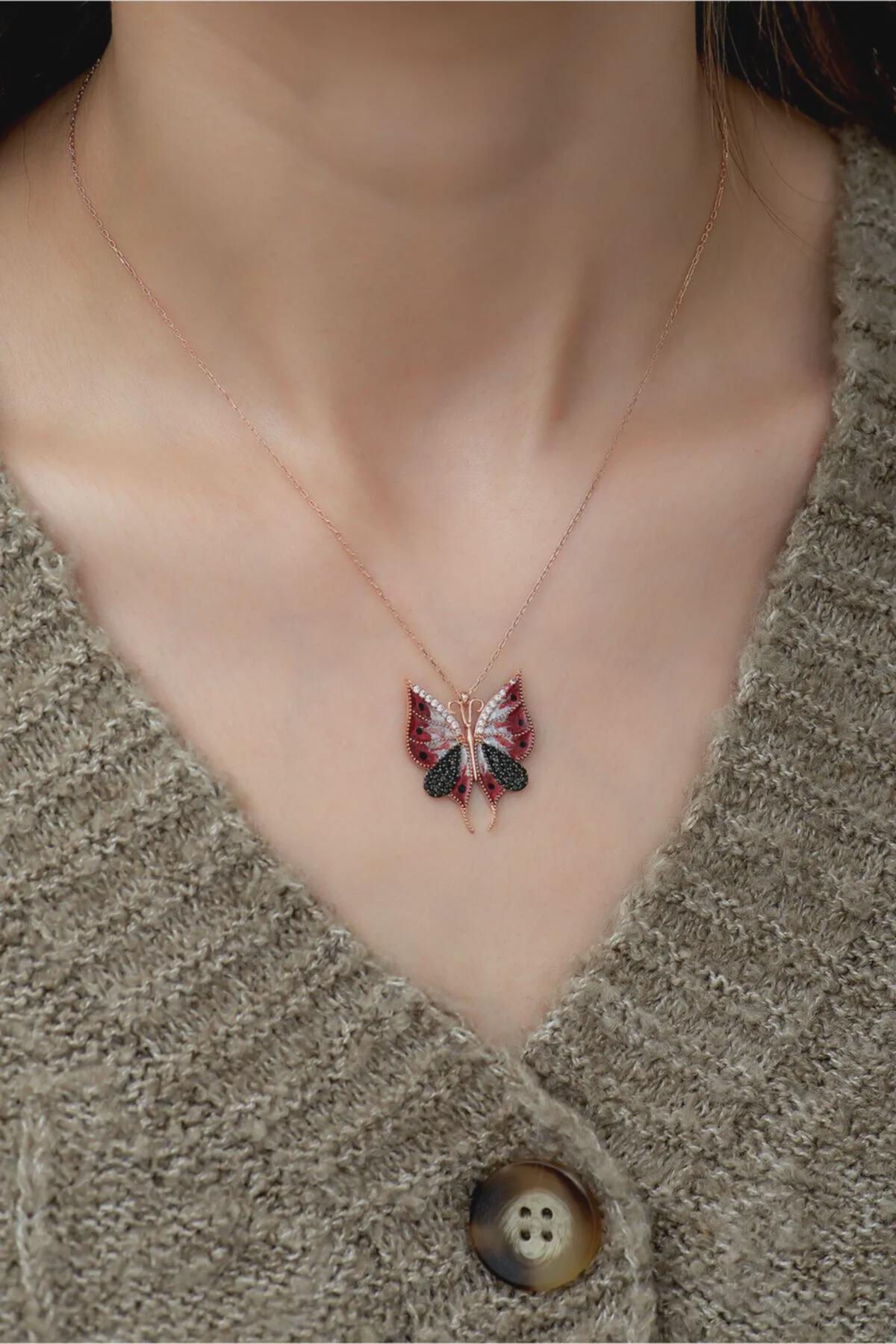 Sterling Silver Red Butterfly Necklace: Rhodium Plated Pendant