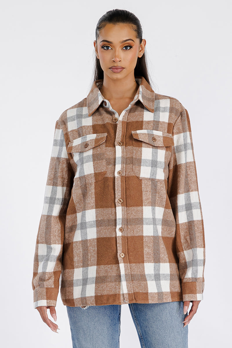 Women's Oversized Flannel Shacket Button Closure Chest Pockets Soft Brushed Fabric 75 Polyester 25 Cotton